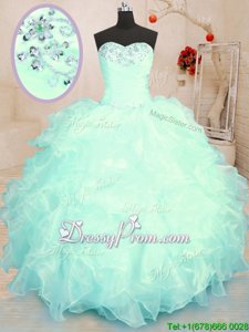 Fine Sleeveless Floor Length Beading and Ruffles Lace Up Sweet 16 Dress with Turquoise and Apple Green