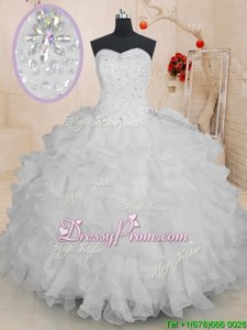 Captivating White Sweetheart Neckline Beading and Ruffles Ball Gown Prom Dress Sleeveless Lace Up