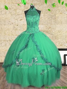 Wonderful Tulle Halter Top Sleeveless Lace Up Beading 15 Quinceanera Dress inTurquoise