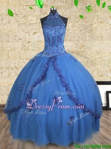 Free and Easy Sleeveless Tulle Floor Length Lace Up Quinceanera Gown inBlue forSpring and Summer and Fall and Winter withBeading