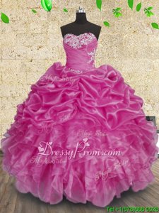 Modest Fuchsia Sweetheart Neckline Beading and Appliques and Ruffles and Ruching Vestidos de Quinceanera Sleeveless Lace Up