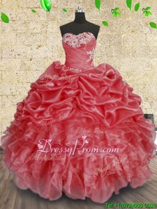 Amazing Sweetheart Sleeveless Lace Up Sweet 16 Dress Coral Red Organza