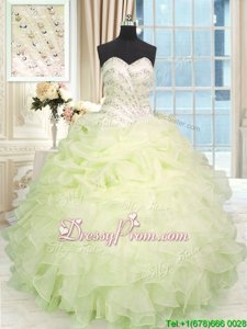 Fantastic Sweetheart Sleeveless 15th Birthday Dress Floor Length Beading and Ruffles Light Yellow Organza