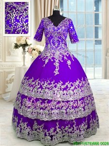 Glamorous Purple Zipper V-neck Beading and Appliques and Ruffled Layers Ball Gown Prom Dress Tulle Half Sleeves