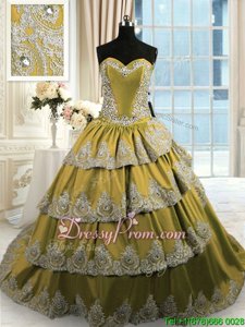 Sumptuous Satin Sweetheart Sleeveless Lace Up Beading and Appliques and Ruffled Layers Sweet 16 Quinceanera Dress inOlive Green