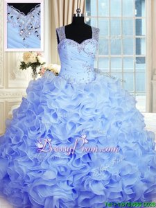 Modest Baby Blue Sleeveless Floor Length Beading and Ruffles Zipper 15 Quinceanera Dress