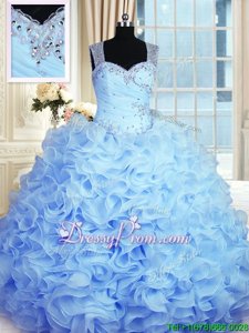 Custom Made Sleeveless Organza Floor Length Zipper Sweet 16 Dresses inBaby Blue forSpring and Summer and Fall and Winter withBeading and Ruffles