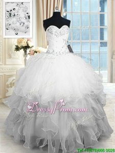 Fashionable Floor Length White Quinceanera Gown Organza Sleeveless Spring and Summer and Fall and Winter Beading and Ruffles