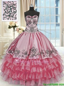 Elegant Rose Pink Ball Gowns Sweetheart Sleeveless Organza and Taffeta Floor Length Lace Up Beading and Embroidery and Ruffled Layers Sweet 16 Dress