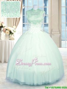 Sleeveless Tulle Floor Length Zipper Quinceanera Gowns inApple Green forSpring and Summer and Fall and Winter withBeading