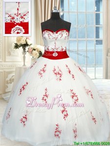 Beauteous Floor Length White Quinceanera Dress Tulle Sleeveless Spring and Summer and Fall and Winter Appliques and Belt