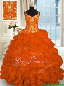 Beauteous Orange Ball Gowns Spaghetti Straps Sleeveless Organza Brush Train Lace Up Beading and Ruffles 15 Quinceanera Dress