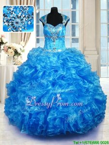 Sumptuous Straps Cap Sleeves Organza Quinceanera Gown Beading and Ruffles Lace Up