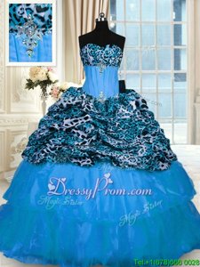 Modest Baby Blue Sleeveless Sweep Train Beading and Ruffled Layers Vestidos de Quinceanera