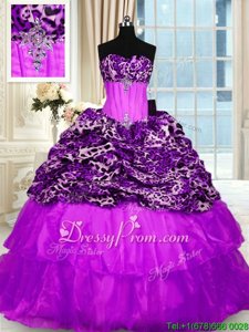 Ideal Sweep Train Ball Gowns Sweet 16 Dresses Purple Strapless Organza and Printed Sleeveless Lace Up