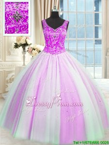 Fancy Multi-color Ball Gowns V-neck Sleeveless Tulle Floor Length Lace Up Beading and Sequins Vestidos de Quinceanera