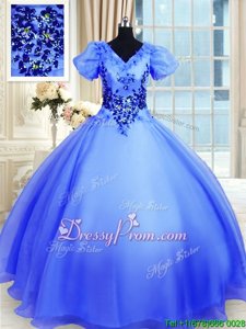 Exceptional Blue Organza Lace Up V-neck Short Sleeves Floor Length Ball Gown Prom Dress Appliques