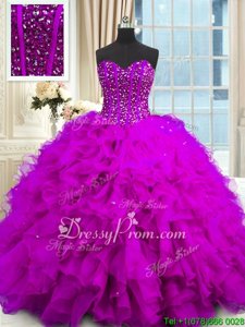 Sleeveless Floor Length Beading and Ruffles and Sequins Lace Up Quinceanera Dress with Purple