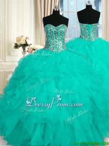 Chic Floor Length Aqua Blue Sweet 16 Dress Organza Sleeveless Spring and Summer and Fall and Winter Beading and Ruffles