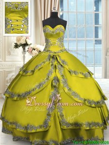 Modern Yellow Green Taffeta Lace Up Sweetheart Sleeveless Floor Length Sweet 16 Dresses Beading and Appliques and Ruffled Layers