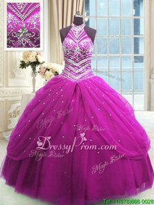 Best Fuchsia Ball Gowns Tulle High-neck Sleeveless Beading Floor Length Lace Up Quinceanera Gown