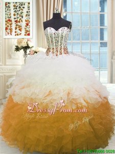 Fitting White and Gold Sweetheart Lace Up Beading and Ruffles Sweet 16 Quinceanera Dress Sleeveless