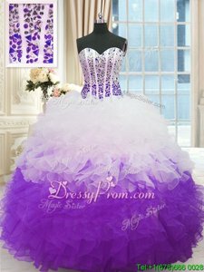 Low Price Ball Gowns Sweet 16 Dress White And Purple Sweetheart Organza Sleeveless Floor Length Lace Up