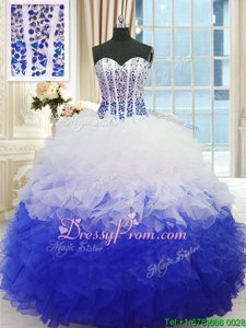 Delicate Ball Gowns Quinceanera Dress Blue And White Sweetheart Organza Sleeveless Floor Length Lace Up