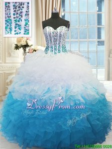 Traditional Floor Length Blue And White Ball Gown Prom Dress Organza Sleeveless Spring and Summer and Fall and Winter Beading and Ruffles
