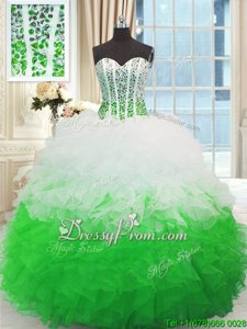 Spectacular White and Green Sleeveless Floor Length Beading and Ruffles Lace Up Quinceanera Gowns