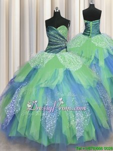 Dynamic Beading and Ruching Ball Gown Prom Dress Green Lace Up Sleeveless Floor Length