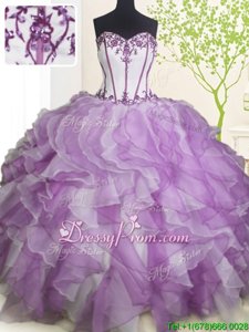 Stylish Floor Length White And Purple 15th Birthday Dress Sweetheart Sleeveless Lace Up