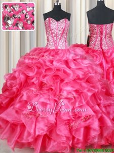 Amazing Coral Red Sleeveless Organza Lace Up Sweet 16 Dresses forMilitary Ball and Sweet 16 and Quinceanera
