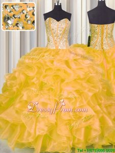High Quality Gold Sweetheart Neckline Beading and Ruffles Quinceanera Gowns Sleeveless Lace Up