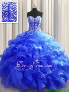 Best Beading and Ruffles Ball Gown Prom Dress Royal Blue Lace Up Sleeveless Floor Length