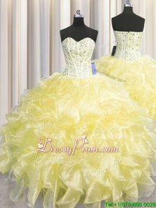 Modern Light Yellow Ball Gowns Organza Sweetheart Sleeveless Beading and Ruffles Floor Length Lace Up Sweet 16 Dress