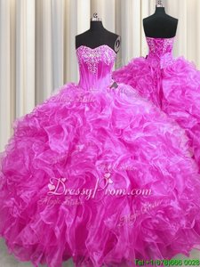 Traditional Beading and Ruffles Quinceanera Dress Fuchsia Lace Up Sleeveless Sweep Train