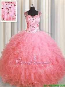 Spectacular Sleeveless Organza Floor Length Zipper Sweet 16 Quinceanera Dress inWatermelon Red forSpring and Summer and Fall and Winter withBeading and Ruffles