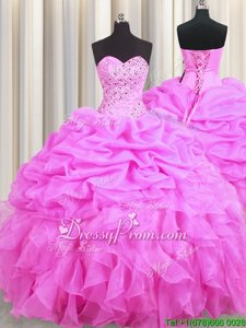 Superior Floor Length Ball Gowns Sleeveless Rose Pink Quinceanera Gown Lace Up