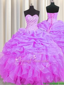 Delicate Lilac Ball Gowns Organza Sweetheart Sleeveless Beading and Ruffles and Pick Ups Floor Length Lace Up Sweet 16 Quinceanera Dress