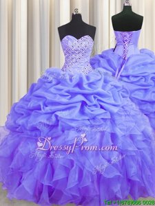 Inexpensive Lavender Sleeveless Beading and Ruffles and Pick Ups Floor Length Sweet 16 Dresses