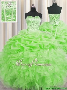 Spectacular Spring Green Quince Ball Gowns Military Ball and Sweet 16 and Quinceanera and For withBeading and Ruffles and Pick Ups Sweetheart Sleeveless Lace Up