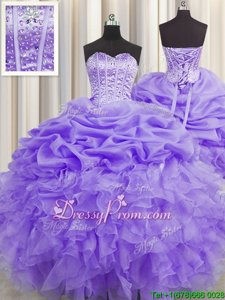 Sophisticated Lavender Sweetheart Lace Up Beading and Ruffles and Pick Ups Quinceanera Gown Sleeveless