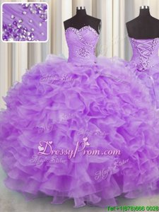 Nice Lavender Lace Up Sweet 16 Dress Beading and Ruffles Sleeveless Floor Length