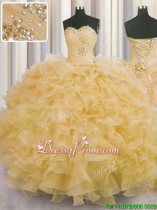 Fancy Champagne Ball Gowns Organza Sweetheart Sleeveless Beading and Ruffles Floor Length Lace Up Quince Ball Gowns
