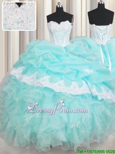 High Class Baby Blue Quince Ball Gowns Military Ball and Sweet 16 and Quinceanera and For withBeading and Appliques and Ruffled Layers Sweetheart Sleeveless Lace Up