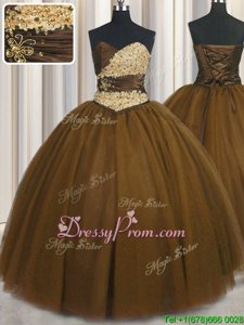 Perfect Brown Sweetheart Lace Up Beading and Appliques and Ruching and Belt Quinceanera Dresses Sleeveless