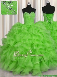 Suitable Spring Green Sleeveless Organza Lace Up Quince Ball Gowns forMilitary Ball and Sweet 16 and Quinceanera