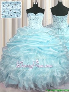 Fine Sleeveless Organza With Brush Train Lace Up Quinceanera Dresses inLight Blue forSpring and Summer and Fall and Winter withBeading and Ruffles and Pick Ups