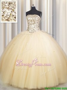 Cheap Champagne Lace Up Strapless Beading and Sequins Ball Gown Prom Dress Tulle Sleeveless